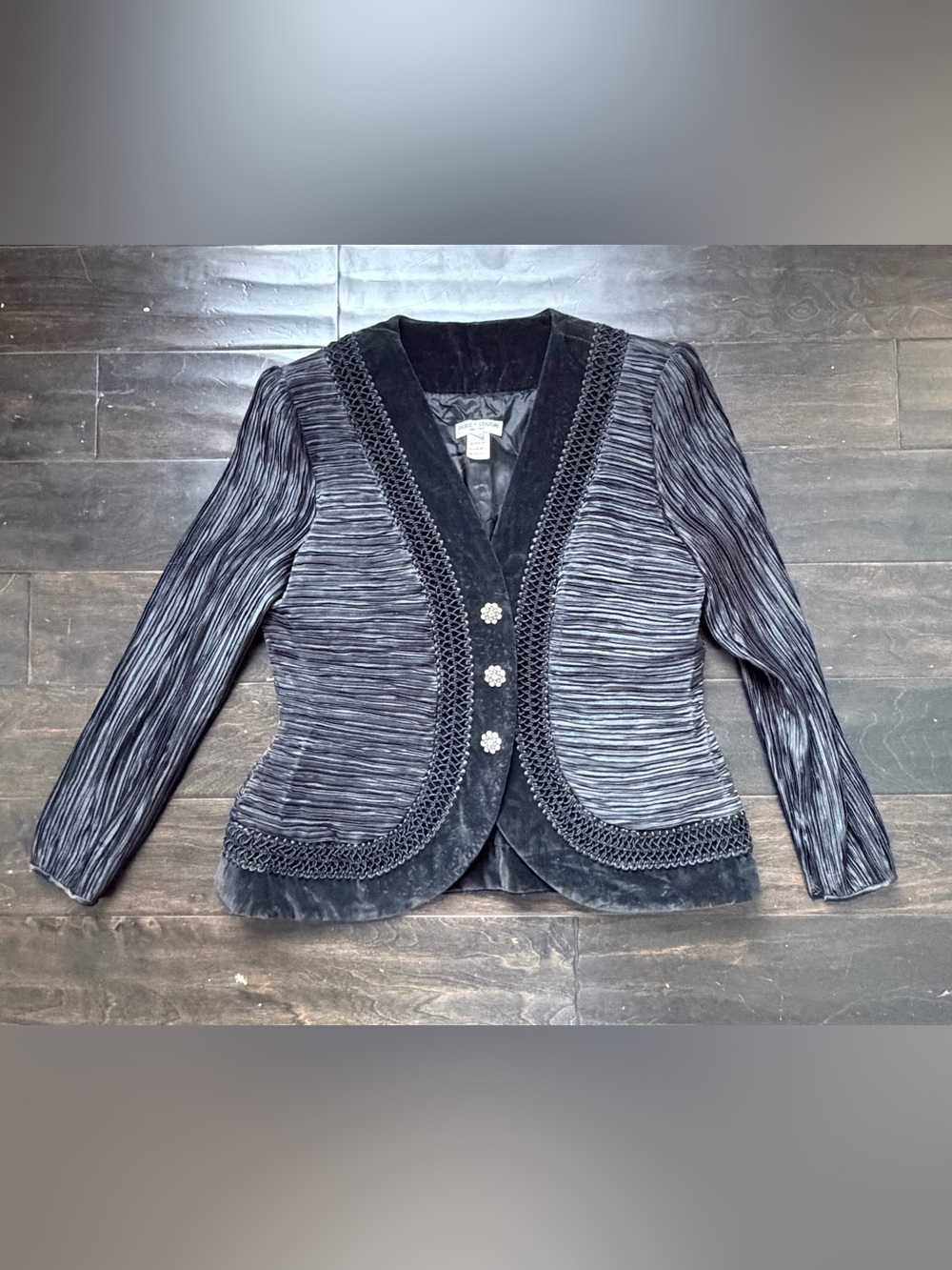 George F Couture 80s Glam Plisse Jacket with Rhinestone Buttons